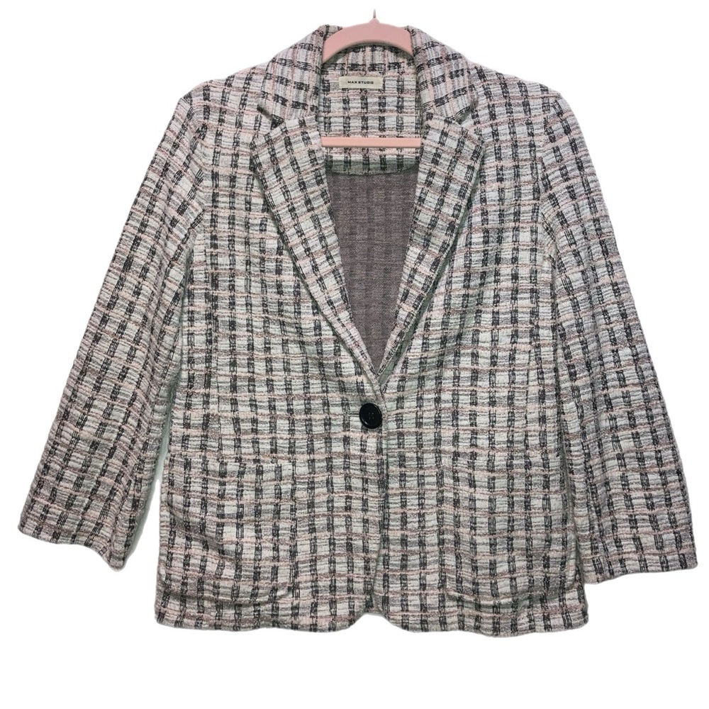 Max Studio Lightweight Boucle Blazer pink white black EUC 0103BU